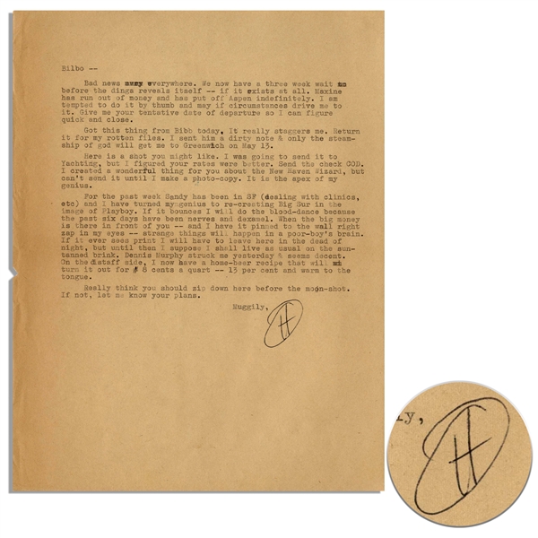 Hunter S. Thompson Letter Signed -- ''...I have turned my genius to re-creating Big Sur in the image of Playboy. If it bounces I will do the blood-dance...''